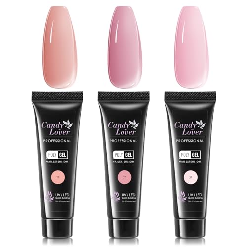 Candy Lover Poly Nail Gel, 3 Colors Nail Thickening Solution, Pink Poly Extension Gel Builder Nail Gel Set, Pastel Poly Extension Nail Gel