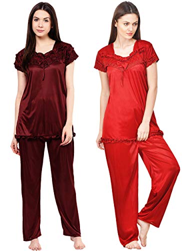 Image of Phalin Women's Satin Plain /Solid Night Suit Set Pack of 2