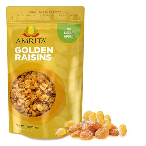 Amrita Golden Raisins 2 lb | No Added Sugar, Naturally Sweet, Gluten Free Dried Sultanas, Kishmish | Packed Fresh in Resealable Bags | Yellow and White Raisins, Vegan Snacks, Healthy Snacks