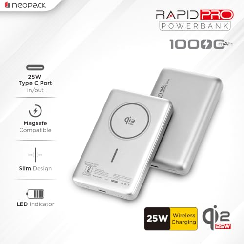 Image of Neopack Rapid Pro Magsafe Power Bank 10000 mAh with 25W Fast Wireless Charging | QI2 Technology | LED Indicator | Strong Magnetic Hold | USB-C In & Output Compatible with iPhone 12 & New Model, Silver