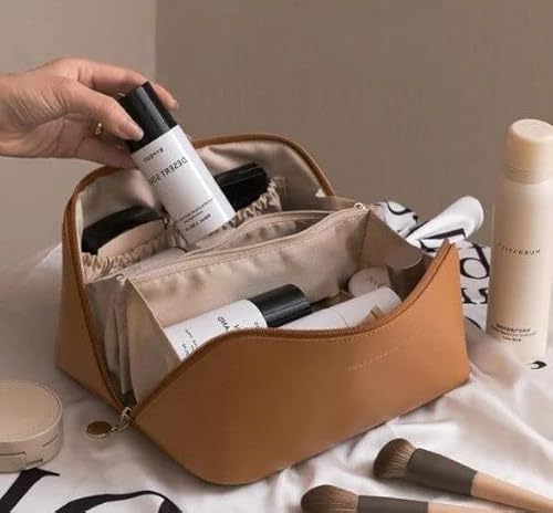 Travel Ladies Makeup Storage Bag Large Opening Pu Portable Pillow Cosmetic Bag With Compartments For Women (Brown) #TOP3