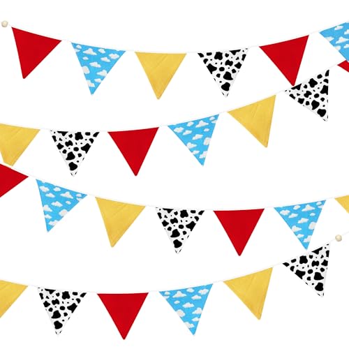 2 Sets of Cartoon Story Party Decorations Nursery Garland 24Pcs Red Blue Yellow Toy Themed Story Fabric Banner Cloud and Cow Print Triangle Pennant Flag Streamers for Kids Birthday Baby Shower Decor by Pink Blume - Used condition - US$14.84