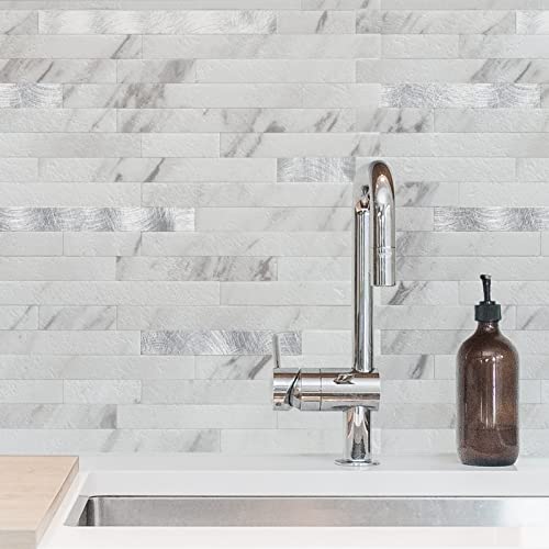 Image of Art3d Faux Stone Peel & Stick Backsplash Tile, 10 pcs, Silver Trim Volakas