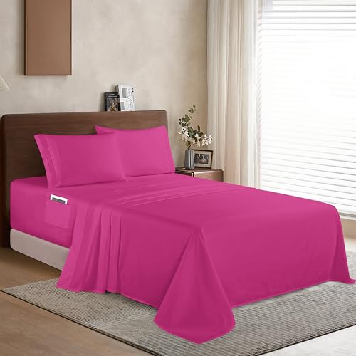 Elegant Comfort Luxury 1500 Premium Hotel Quality Microfiber 4-Piece Sheet Set - Soft, All Around Elastic 18-24 Inches Deep Fitted Sheet - Extra Deep Pocket Sheets, Twin/Twin XL, Hot Pink