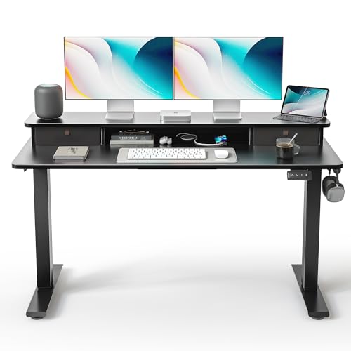 Image of FEZIBO 55 x 24 Inch Height Adjustable Electric Standing Desk with Double Drawer, Stand up Home Office Computer Desk with 4 Height-Adjustable Feets & 2 Hooks, Black