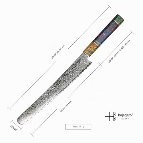 Miniatura 3 de Hajegato Cuchillo De Chef Damasco Mango Profesional Único, Cuchillo De Cocina Japonés Vg10, 67 Capas De Acero De Damasco Con Funda Bread Knife - 25 Cm