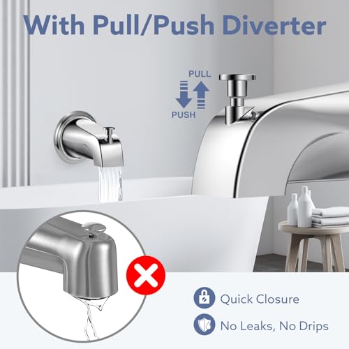Tub Spout with Diverter, Slip-Fit Bathtub Faucet Replacement for 1/2\" Copper Pipe, Includes Metal Cover Ring (Chrome)