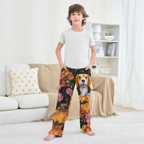 Beagle Pumpkin Bat Flowers Boys Long Pants Soft Trousers Elastic Waist Kids Lounge Bottoms with Pockets S-XL 6