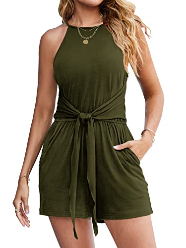 Zesica Women's Summer Sleeveless Halter Neck Solid Color Knot Front Short Jumpsuit Romper With Pockets #TOP30
