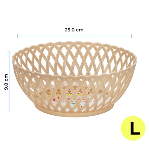Image of RATAN PLASTICWARE Cane Large Plastic Storage Basket for Fruits, Vegetables & Snacks - Decorative Woven Design for Kitchen, Dining Table & Home Use I Pack of 3 - Beige