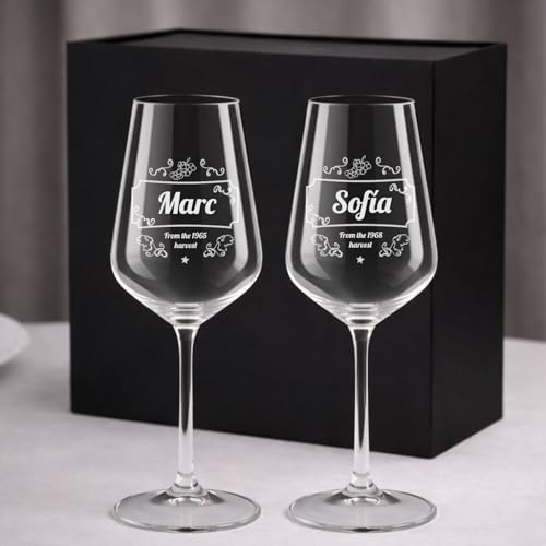 Wanapix | Pack 2 Taças de Vinho Personalizadas | Estojo de Presente Incluído | Taça de Cristal Gravada para Vinho | Com Nome ou Texto | Pack de Taças de Cristal | Grande Reserva