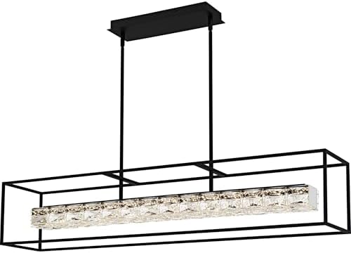 Quoizel Platinum Dazzle Modern Crystal-Glass LED Island Chandelier, 48 Inch Matte Black Linear Chandelier, 38W, Max Hanging Height 50", Ceiling Light for Kitchen, Foyer, Entrance or Living Room