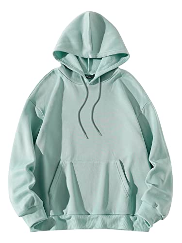 MakeMeChic Women's Solid Long Sleeve Sweatshirt Hoodie Tops with Pocket Casual Drawstring Pullover Mint Green Small