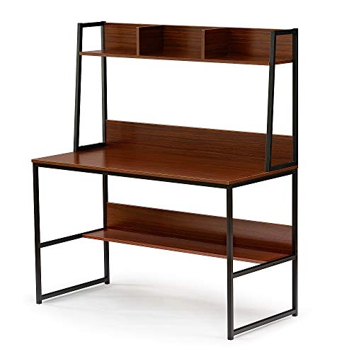 Rhomtree Computer Desk with Hutch and Bookshelf Home Office Desk PC Laptop Workstation Study Writing Table with Metal Frame (Brown)