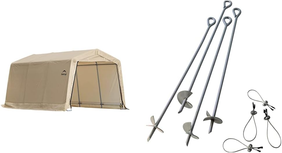 ShelterLogic 10' x 15' x 8' Peak Style Roof Instant Garage Carport Car Canopy with Steel Frame and Waterproof UV-Treated Cover, Sandstone | ShelterLogic ShelterAuger 4-Piece 30-Inch Reusable Heavy Duty Steel Earth Auger Anchor Kit with 4 Clamp-on Wire Tie-Downs for Anchoring Shelters, Canopies, and Instant Garages