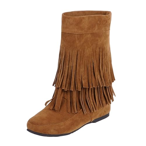 Botas de gamuza con flecos de media pantorrilla para mujer, botas de tacón bajo con flecos a media pantorrilla, tacones planos, puntera redonda, botines de diseño moderno, botines vintage sin cordones