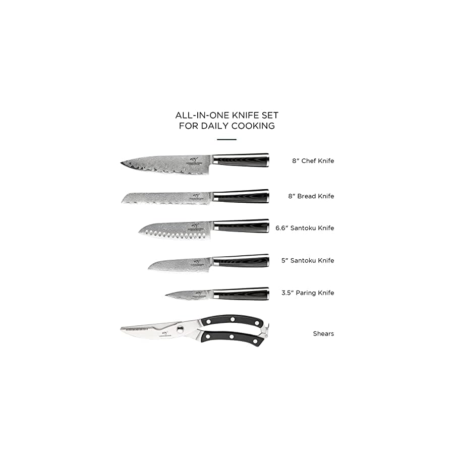 NANFANG BROTHERS Knife Set, 7 Pieces Damascus Kitchen Knife Set with Block, ABS Ergonomic Handle for Chef Knife Set, Kitchen Shears, Knife Block Set for Chopping, Slicing & Cutting