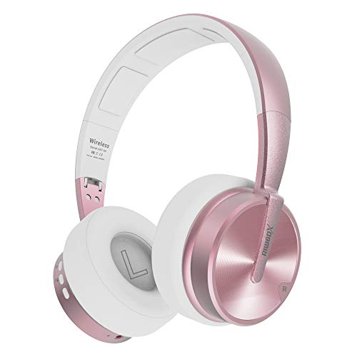 Riwbox XBT-90 Casque Bluetooth pliable sans fil Hi-Fi stéréo avec micro/carte TF et contrôle du volume pour PC/téléphone portable/TV/tablette (rose et doré)