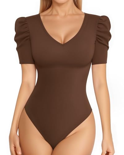 MANGOPOP Women's V Neck Puff Sleeve Short Sleeve Fitted Bodysuit,Coffee,XXL