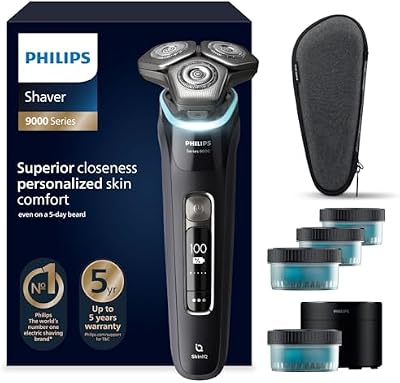 Philips Serie 9000 Afeitadora Eléctrica Hombre, Máquina de Afeitar Barba con Recortadora, 60min de uso, En Seco y Húmedo, Recargable, Centro de Limpieza, Base Carga, 4 Cartuchos, S9976/63, Negro