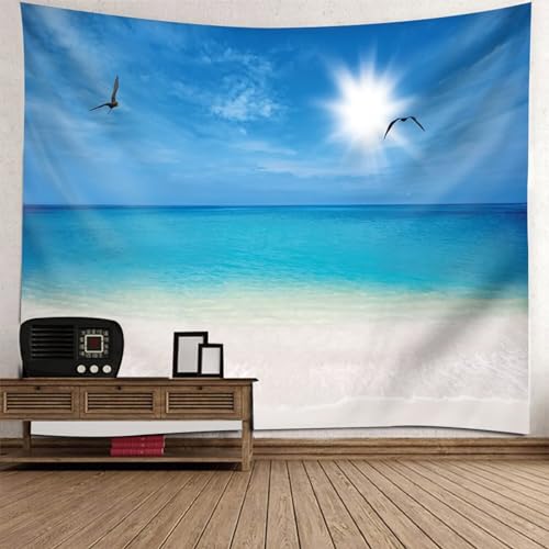 Tapisserie murale plage et mer 150x150 cm, grand tissu mural bleu et beige décoration salon ciel