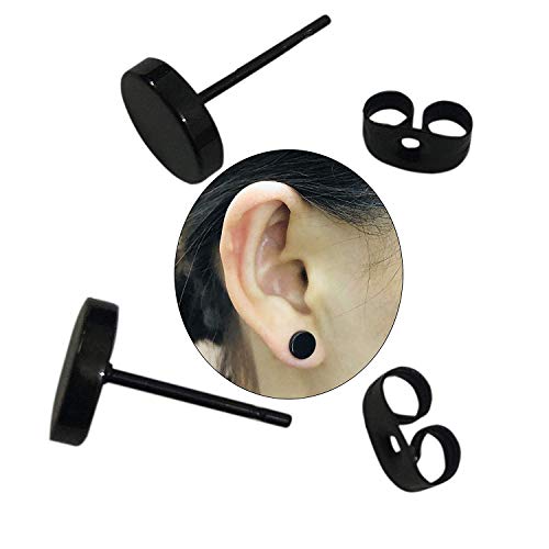8mm Black Round Stud Earrings Set Stainless Steel Ear Studs for Men Women Tunnel Plug Post Pierced Tunnel, 2pcs/1 Pair3