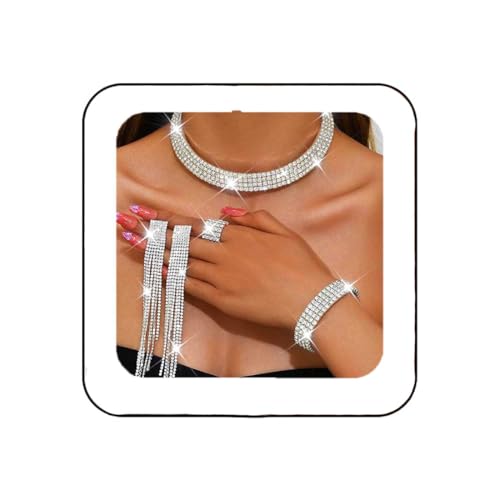 Unicra Rhinestone Bridal Wedding Jewelry Sets Silver Choker Necklace Earrings Bracelet Ring Set Prom Formal Costume Jewelry Set for Women and Brides