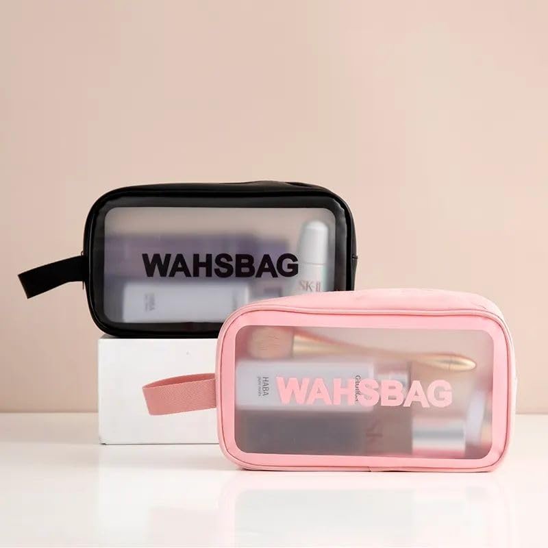 Image of Catron Waterproof Wash Bag Pouch for Travel Kit Toiletry Bag Pink Faux Leather, 3-Piece Travel Makeup, Brushes & Accessories Toiletry Organiser with Clear Window (Black)