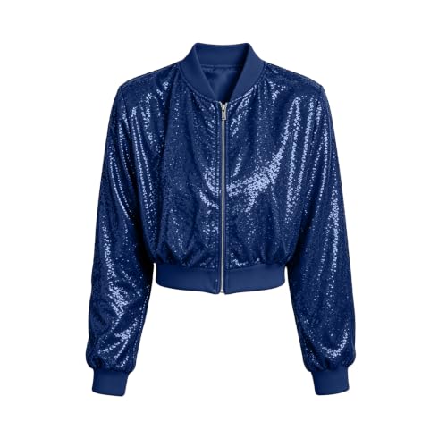 Hrwauag Womens Sparkle Sequins Cropped Jacket Fall Casual Long Sleeve Zipper Rib Cuff Collar Hem Bomber Coat for Concert Evening - image 5