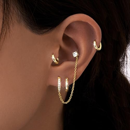 Image of Small Gold Huggie Hoop Earrings Set for Women Men Hypoallergenic 14K Plated Stack Cartilage Earrings, Sterling Silver Multiple Piercing Lightweight Mini Thin Cute Dainty Trendy Jewelry Gifts for Women