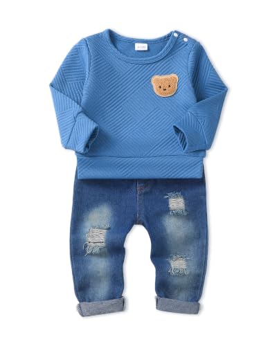 Image of NZRVAWS Toddler Baby Boy Clothes Pullover Sweater Ripped Jean Sweatsuit Little Boy Outfit Fall Winter Clothing Set 6M-7T
