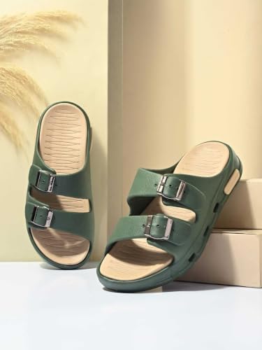 Image of SLIPOVER Men EVA Double Strap Sandals | Adjustable Buckle Comfort Slides | Lightweight Anti-Slip Ventilated Casual Sandals for Everyday Indoor Outdoor Wear