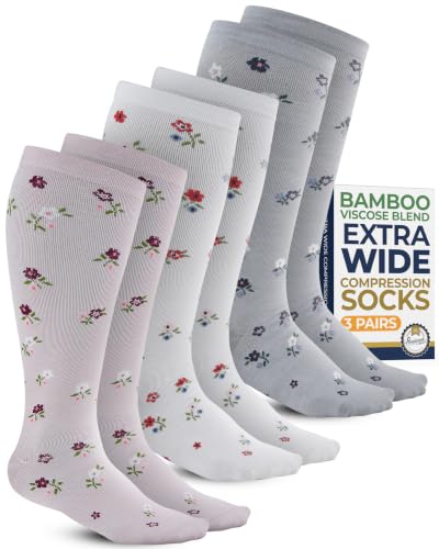 Pembrook 3 Pairs Compression Socks for Women Plus Size - Bamboo Viscose Knee High Socks for Women Wide Calf Little Flowers
