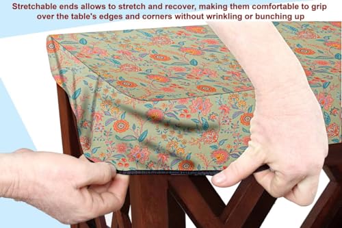 Image of The Furnishing Tree Elastic Cotton Square Center Table Cover 36x36 in Inches Floral Multicolor on Green Base