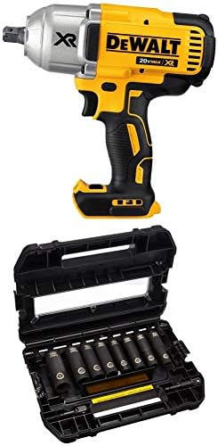 DEWALT 20V MAX XR 1/2" High Torque Impact Wrench, Cordless, Detent Anvil, Tool Only (DCF899B) & Impact Socket Set, SAE, 1/2-Inch, 10-Piece (DW22812)