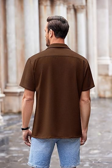 Image of Casual Waffle Knit Shirt for Men Stylish Half Sleeve Mens Shirts M to 3XL