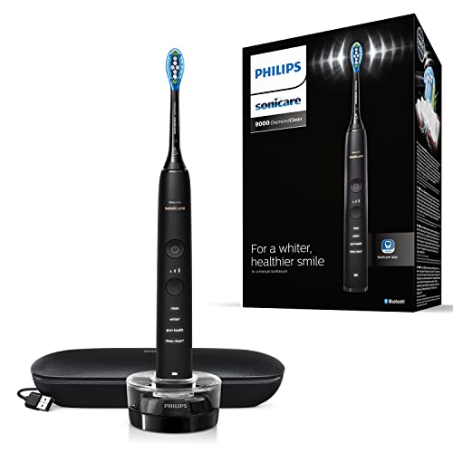 Philips Sonicare DiamondClean 9000 Elektrische Zahnbürste, Schwarz, 4 Modi, 3 Intensitäten, Zahnfleischdrucksensor, App, angeschlossener Griff, UK-2-poliger Badezimmerstecker, Verpackung kann