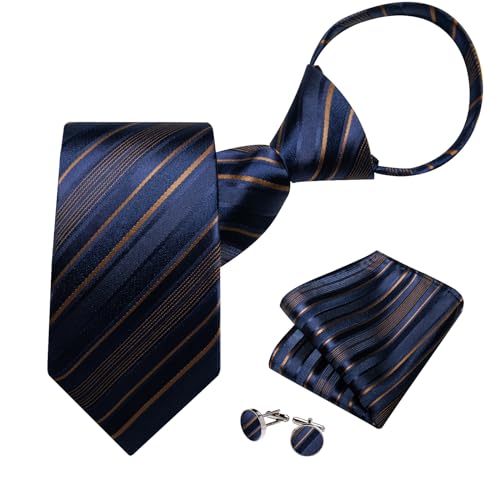 Image of DiBanGu Silk Zipper Ties for Men,Paisley Solid Plaid Pre-tied Tie and Pocket Square Cufflinks Set Formal Adjustable Necktie