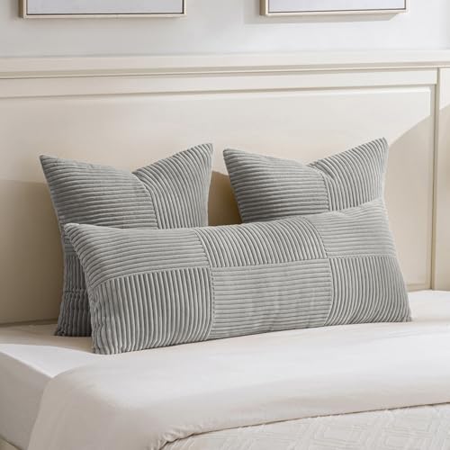 Image of Fancy Homi Set of 2 Grey Boho Long Lumbar Body Decorative Throw Pillow Cover 14x36 Inch for Bed Couch Bedroom Bench, Soft Patchwork Corduroy Textured Pillow Case, Rustic Farmhouse Room Decor