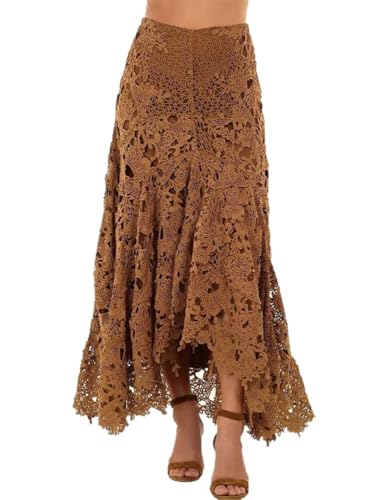 Womens Elegant Floral Lace Maxi Skirt Boho Asymmetrical High Waist Hollow Skirt Patchwork Layered Flowy Long Skirts