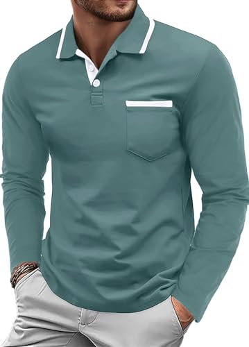 Image of QIXING Long Sleeve Polo Shirts Mens Casual Smart Cotton Collared Golf Tops Polo Shirt with Pocket(Gray Teal, S)