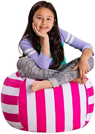 Posh Stuffable Kids Stuffed Animal Storage Bean Bag Chair Cover - Childrens Toy Organizer, Medium 27" - Canvas Stripes Pink and White