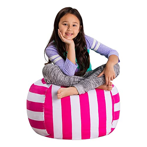 Posh Stuffable Kids Stuffed Animal Storage Bean Bag Chair Cover - Childrens Toy Organizer, Medium 27" - Canvas Stripes Pink And White #TOP9