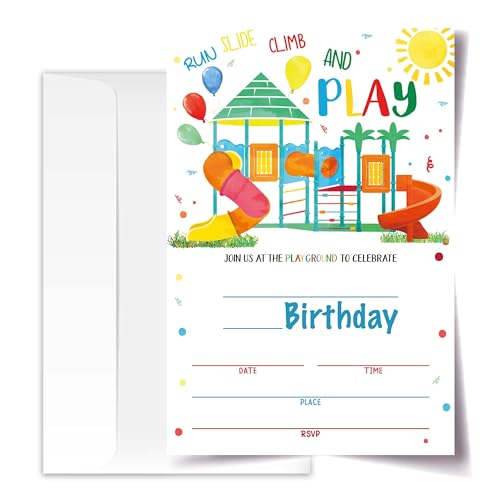 ANYEMW Playground Birthday Invitation Cards with Envelopes Pack of 20 (4"x6"), Party Invitations for Boys, Girls, Kids, Teens, ‘Run Slide Climb And Play’ Park Party Favors Decor and Supplies.(29)