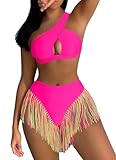 Segreto Women's Multicolored Tassels Bikini Sets Two Piece Swimsuit Tube Bra and Briefs Swimwear One Shoulder Bathing Suits
