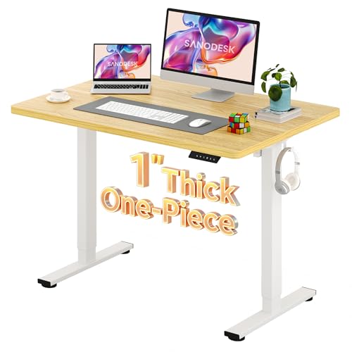 Image of SANODESK Electric Standing Desk 48 x 30 Inches Whole-Piece Desktop Height Adjustable Stand Up Desk w /6-Button Controller Ergonomic Computer Desk for Home Office, White Frame + Natural Tabletop