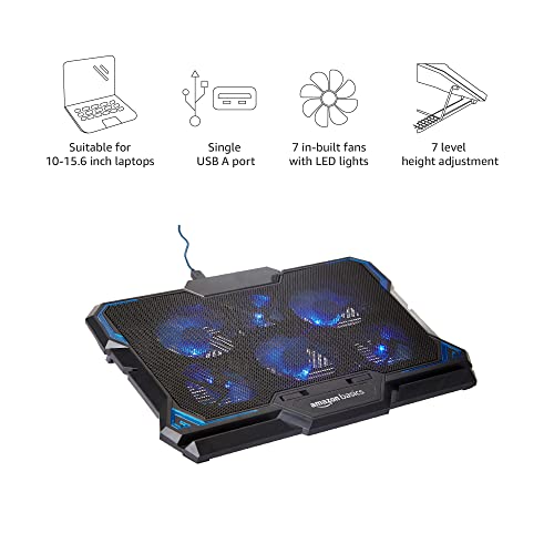 Amazon Basics Laptop Cooling Pad with LED Lighting Effect | USB Powered Gaming Laptop Cooler Stand | Quiet 6 Fans with 2-Level Height Adjustment|... - Image 2