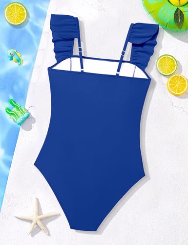 Image of NECIOUS Girls Swimsuit Ruffle Adjustable Straps One Piece Bathing Suit Solid Color Ruched Girls' Swimwear 9-16Y