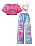 Floerns Girl's 3 Piece Summer Street Outfits Cartoon Camisole Wide Leg Denim Pants with Mesh Crop Tops Hot Pink 10Y