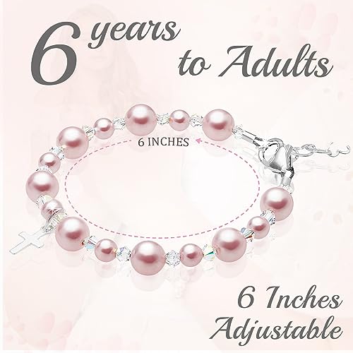 Image of Baby Crystals Personalized Pink Pearl Bracelets for Girls, Sterling Silver Initial & Cross Charm, Created with Swarovski Pearls and Crystals, Baptism, Communion, Christening Jewelry Gift